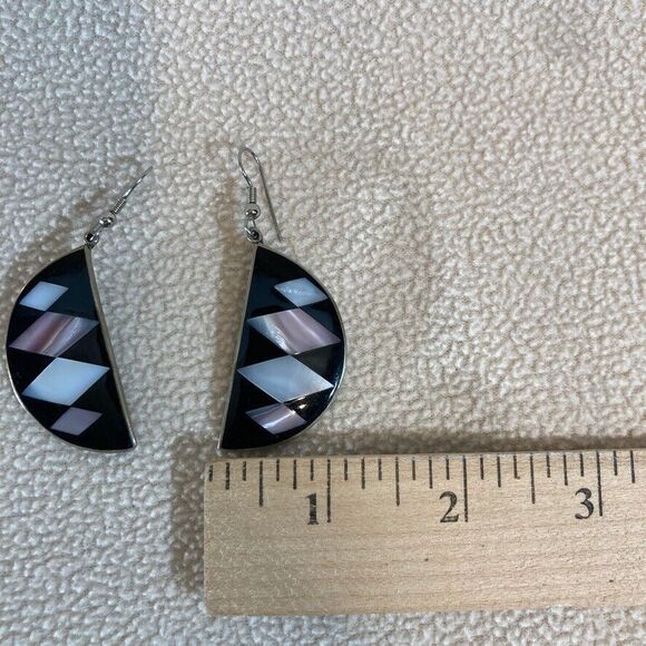 Mother of Pearl Inlaid Earrings Made‎ in Mexico Semicircle Dangle Geometric - Picture 2 of 4